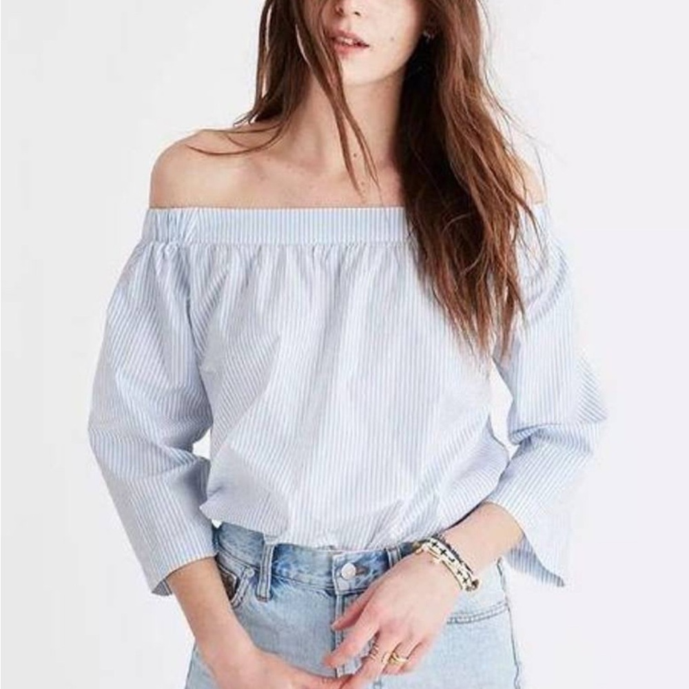 Madewell Blue and White Off-Shoulder Blouse